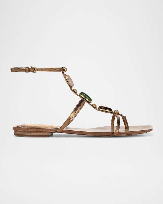 Alba Stone Leather T-Strap Flat Sandals